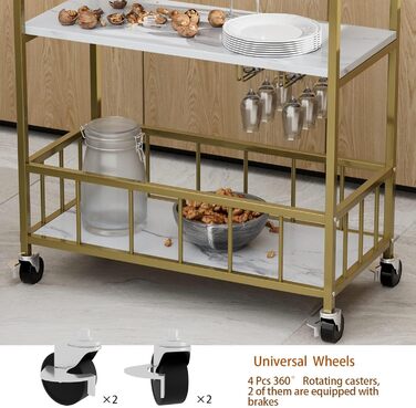 Сервізний візок Huhote з полицею для вина, барний візок, візок для напоїв, візок на колесах, візок для вина в їдальню, кухню, вітальню, бар, вечірку, з імітацією текстури дерева (золотий, корзина без заліза)
