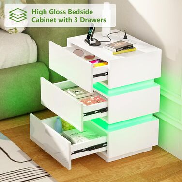 Нічний столик з розеткою та LED, нічний комод з функцією зарядки та USB, 2 висувні ящики (45x35x46/62 см, білий, набір 2 шт.)