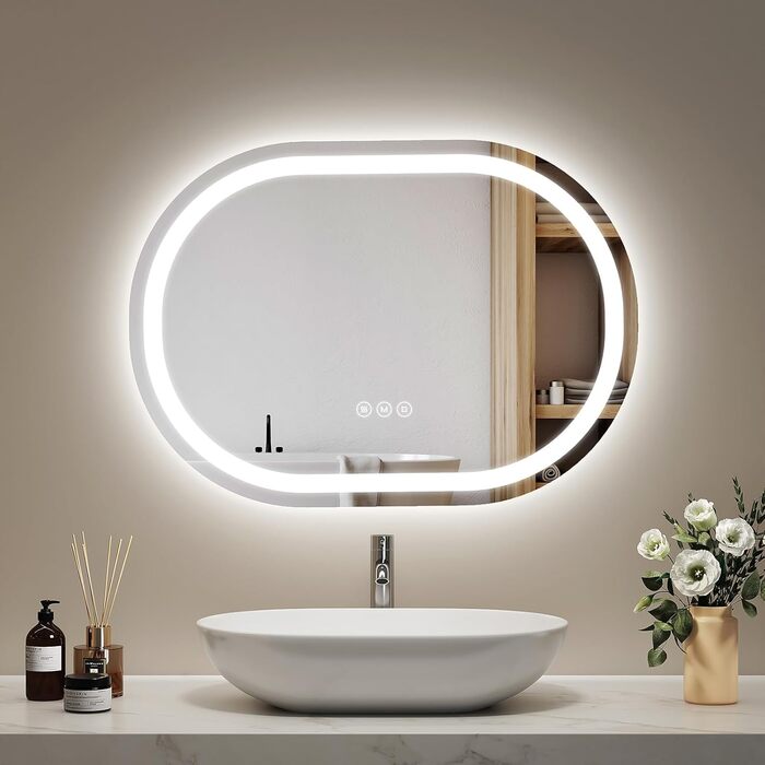 Дзеркало для ванної кімнати EMKE з підсвічуванням 50x90 см овальне, сенсорне керування, 3 кольори світла, регулювання яскравості, антизапарник, функція пам'яті, автовимкнення через 3 години