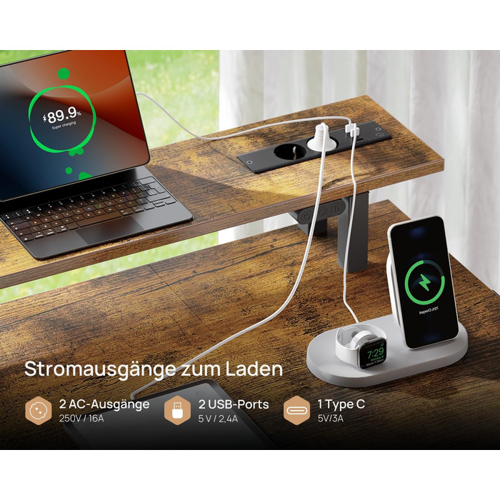 Ігровий стіл Seventable з LED підсвіткою, розетками та USB портами, шухлядами, підставкою для клавіатури та монітора (120x47x87 см, вінтажний коричневий)