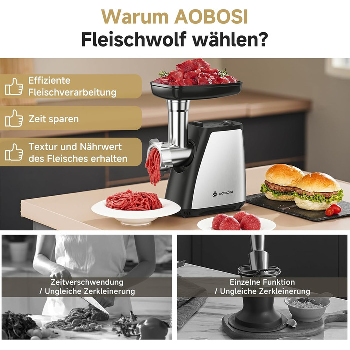 М'ясорубка електрична AAOBOSI 3-в-1, 2800 Вт, нержавіюча сталь: з насадками для ковбас та кубебе, 2 ножі, 3 решітки для дому