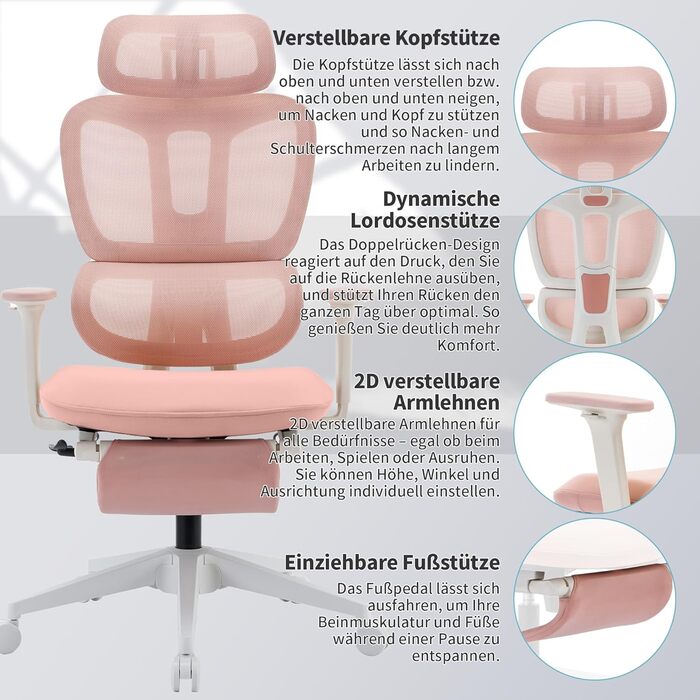 Ергономічне крісло для офісу з підніжкою, висока спинка, 2D-підголівник, відкидні підлокітники, сидіння з губки, сітчастий крісло для офісу, крісло для начальника, комп'ютерне крісло для дорослих (рожеве)