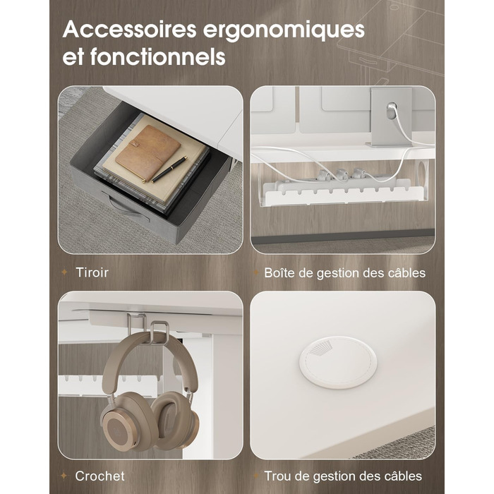 Регульований стіл Devoko з підйомною висотою, 140x80 см, з ящиками, USB-порт, органайзер для кабелів, стоячий стіл з 3 рівнями пам'яті, білий