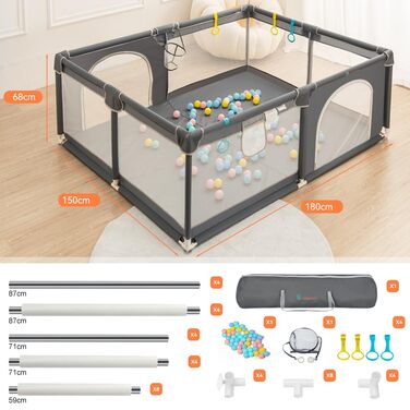 Дитячий манеж COMOMY 150x180x66 см, великий ігровий загороджувач з м'якою сіткою, протиковзким дном, м'ячиками, кошиком та 4 кільцями для дітей