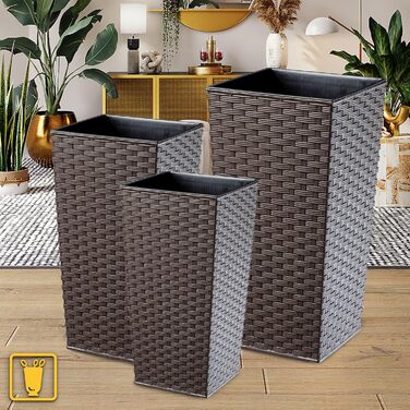 Набір з 3 горщиків для квітів KADAX, Мокко Ратан, 36/46,5/57,5 см, вологостійкий пластик