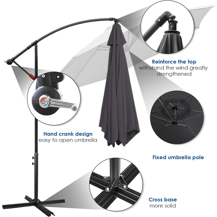 Садова парасолька від сонця Alu Ampelschirm з ручкою-курбою, Ø300 см, сіра, з UV-захистом та водовідштовхувальним покриттям