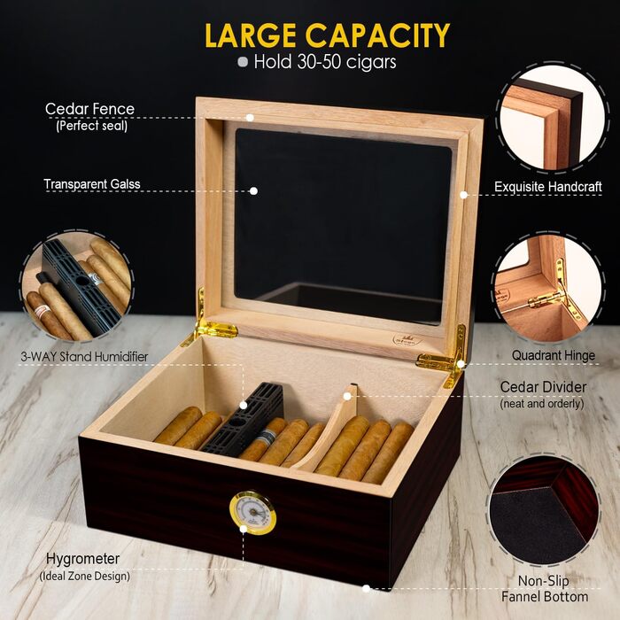 Вологостійкий вологомір для сигар, дерев'яний ящик для сигар з іспанської кедру, вологомір, роздільники, аксесуар для сигар, подарунок для чоловіків (30-50 сигар), чорний
