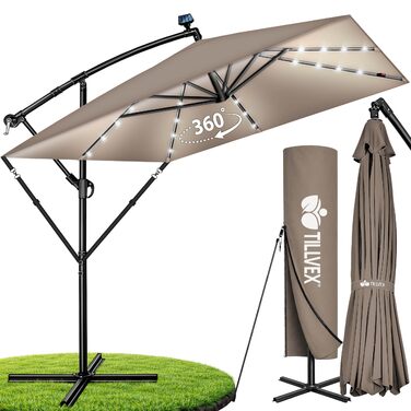 Прямокутна садова парасолька tillvex® Alu 330 см з LED-підсвіткою, ручкою та чохлом, колір Капучино — Алюмінієвий зонт-ампел з стійкою, захистом від вітру та UV-променів, водонепроникний, поворот на 360°