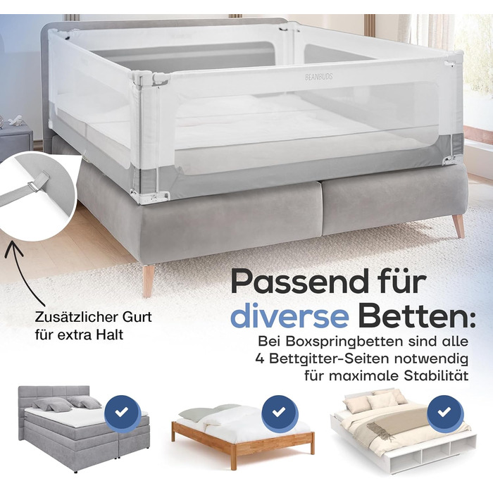 Бортик для ліжка BEANBUDS® захисний, 200 см - сірий. Захист від випадання для дитячого ліжечка та ліжка батьків. З ременями для кріплення, для ламельних та бокс-спрінг ліжок.