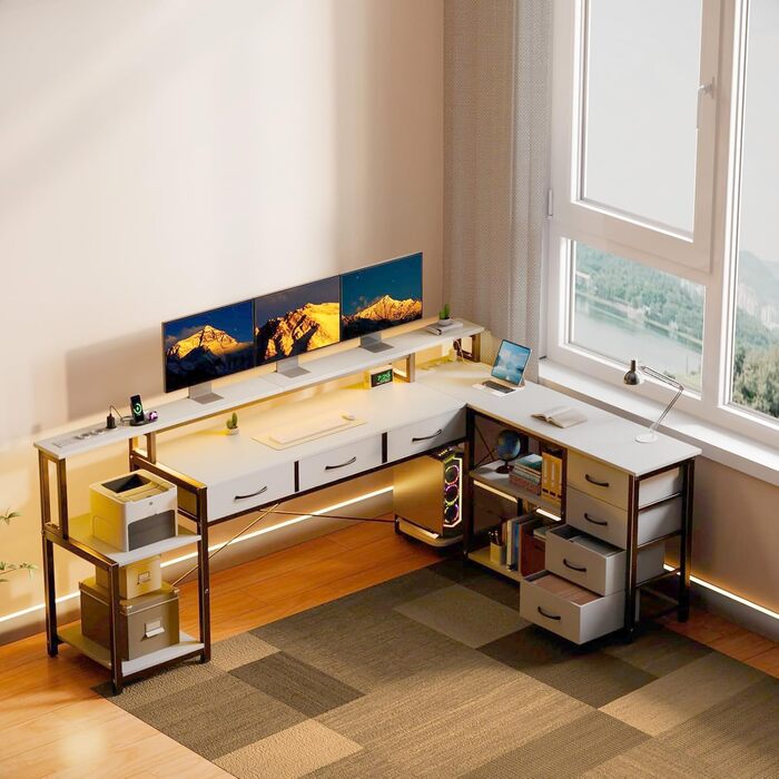 Кутовий стіл з ящиками, геймінговий стіл з розеткою, LED та підставка для монітора, 200 x 146 см, 7 тканинних ящиків, комп'ютерний стіл для офісу, робочого кабінету, спальні (Білий)