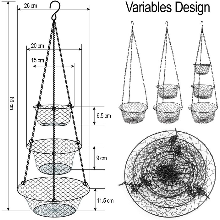 Підвісна корзина Malmo 3-поверхова корзина для рослин, овочів, фруктів підвісна корзина від 86 см до 5 кг різні конструкції для зберігання