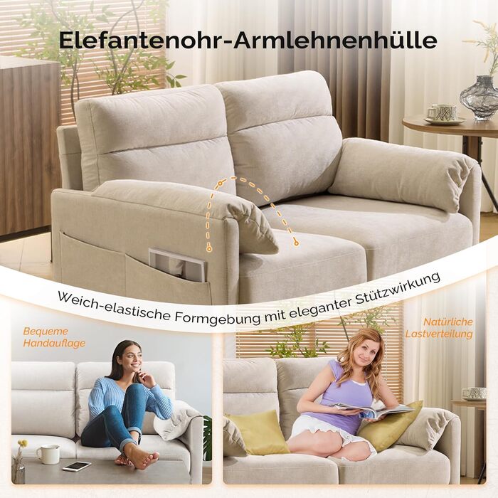 Диван Bonnlo 2-місний, компактний, 125 см, тканинний, бежевий. Зручні підлокітники, для офісу, вітальні, спальні, кабінету. Легка збірка. Льон.