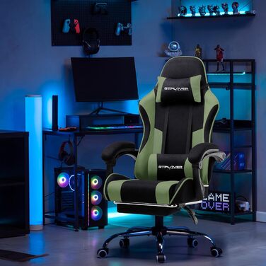 Ігровий крісло GTPLAYER з масажем, підніжка, підголовник, поперекова подушка, оббивка з тканини, білий/зелений