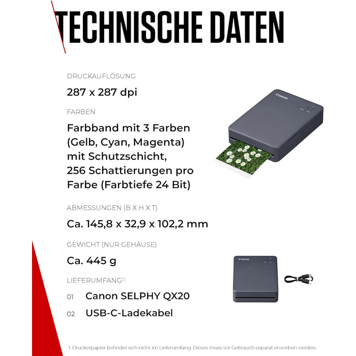 Canon Selphy QX20 – Портативний принтер для фото з Wi-Fi, термосублімаційний друк, USB-C зарядка, білий (без чорнил/паперу)