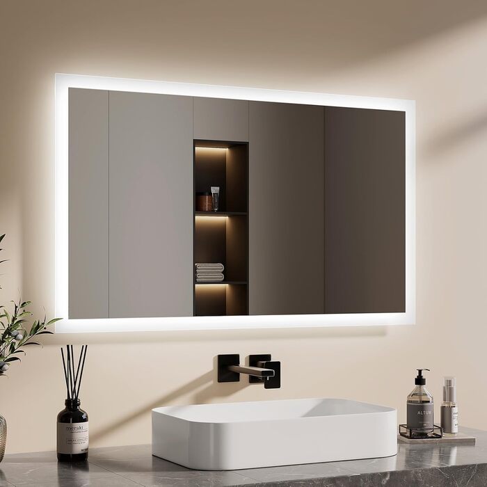 Дзеркало для ванної кімнати EMKE з підсвічуванням 120x60 см, тепле біле світло 3000K, вимикач, антизапар, 2 кольори світла, матовий край