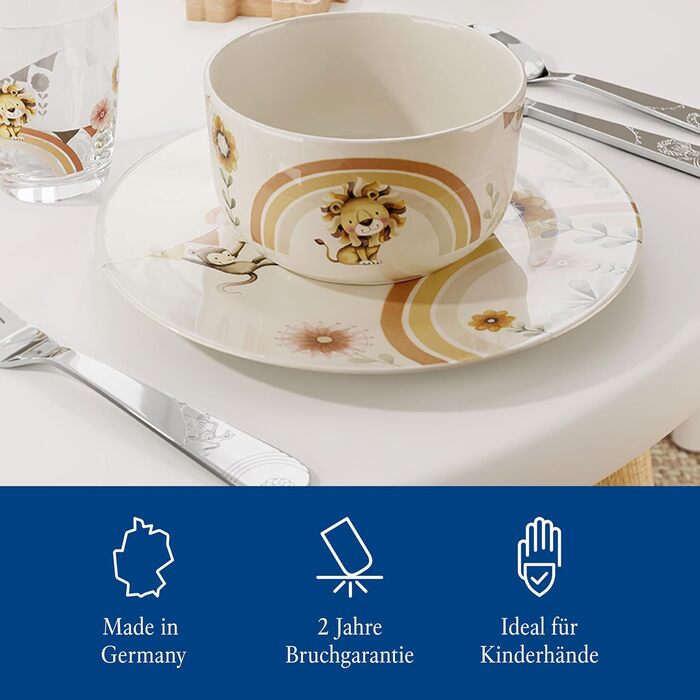 Набір дитячого посуду Villeroy & Boch Boho Kids 'Roar like a lion' (3 шт.) Бежевий, для миття в посудомийній машині, з мікрохвильовкою, з зображенням лева та мавпи, преміум-посуд