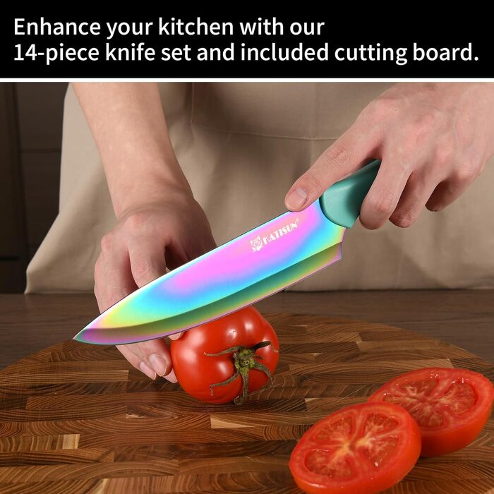 Набір кухонних ножів Katisun, 16 шт. з японської сталі, з бруском для заточування, дощечкою та ножицями. Набір ножів для нарізання, шинкування та нарізання, безпечний для миття в посудомийній машині.