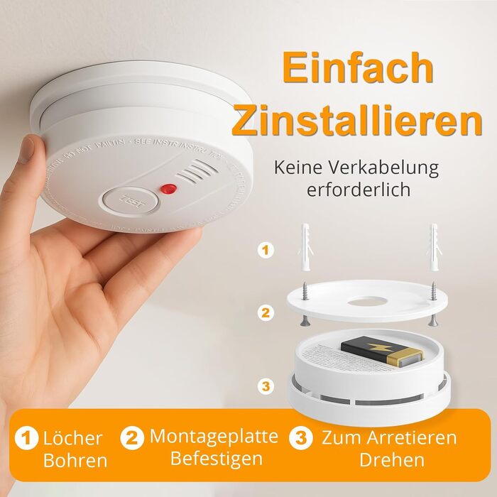 Датчики диму для дому та офісу з фотоелектричним сенсором на 10 років, оптичний детектор диму на батарейці, 2 шт. (4 шт. з батарейкою, 1902-4PCS)