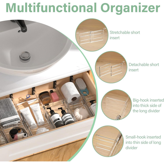 Регульовані роздільники для ящиків FUNIZE, 8 шт., 32-58 см, 16 шт. вставок 9-18 см, органайзери для ящиків на кухню, спальню, офіс, 6 см висота