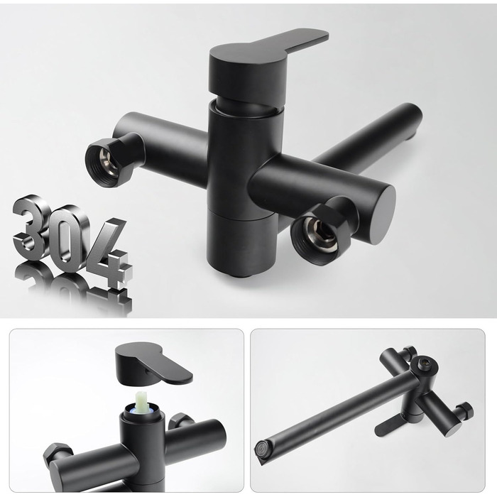 Змішувач для ванни PHASAT з витяжною лійкою, чорний, настінний монтаж, PTBB13E Long spout