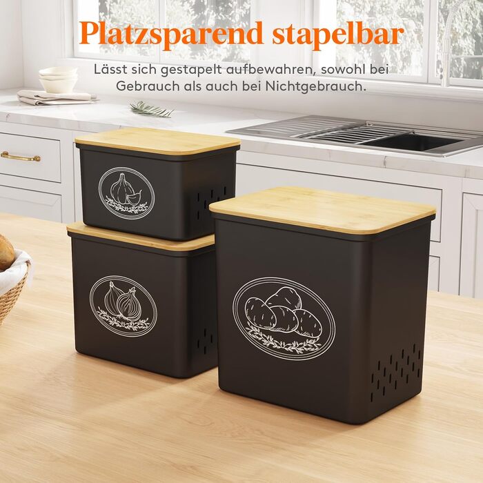 Набір контейнерів для зберігання картоплі, цибулі та часнику Lifewit (3 шт) - чорний, з вентиляцією, великий об'єм