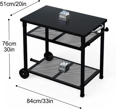 Металевий сервіровочний візок для гриля з 3 ярусами, 85 x 51 см. Підходить для планки, гриля, барбекю. Водонепроникна робоча поверхня.