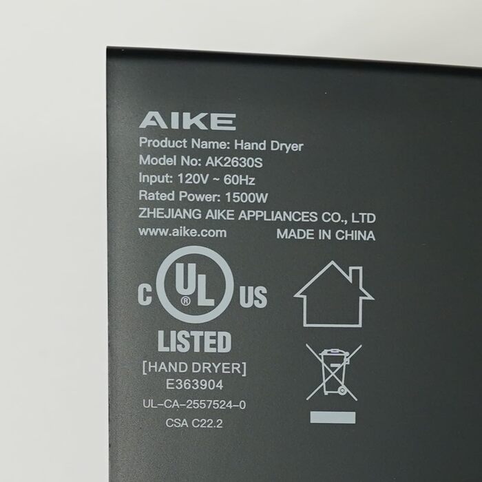 Електричний сушар для рук AIKE AK2630S: швидке сушіння (10 сек), енергозбереження, автоматичний, для кухні, ванної, туалету, 220V, 1400W, чорний