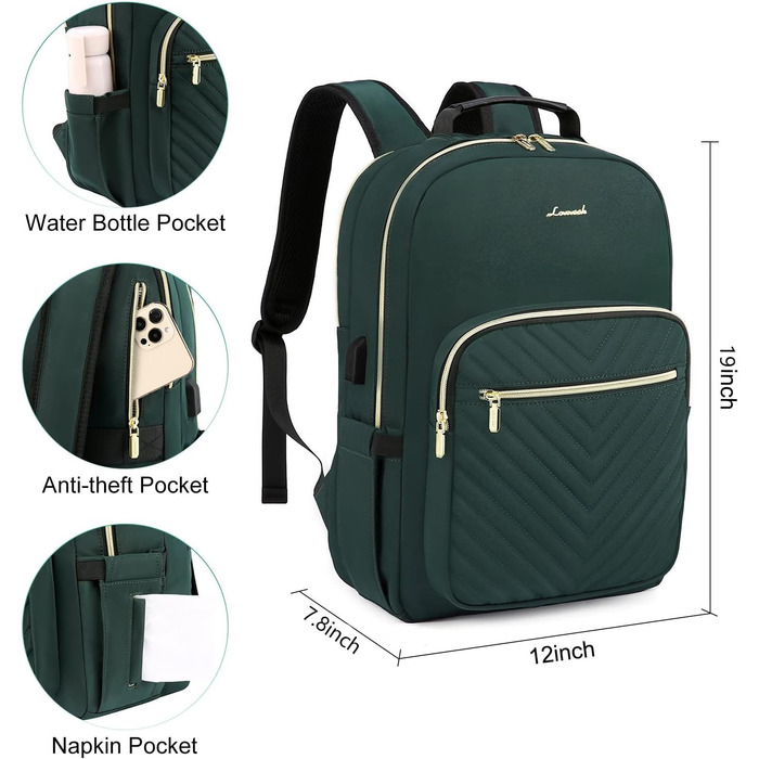 LOVEVOOK Рюкзак для жінок, великий, 15.6 дюймів, сумка для ноутбука, водонепроникний, шкільний рюкзак для дівчат-підлітків, чорний, елегантний рюкзак для роботи, навчання, подорожей (17.3 дюйми, темно-зелений)
