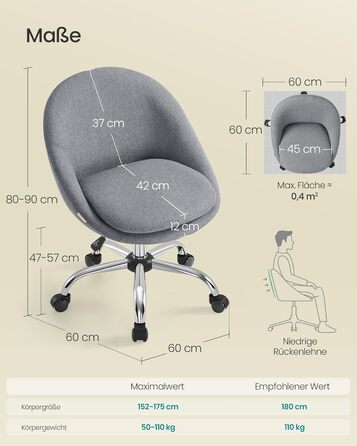 Крісло SONGMICS для офісу та дому, крісло для макіяжу, регульоване по висоті, сірий колір, тканина (OBG020G04)
