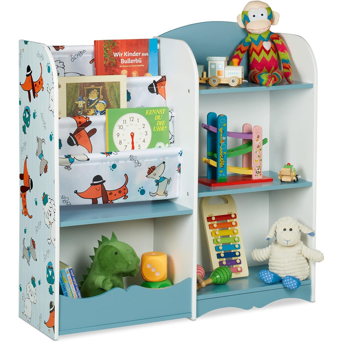 Дитяча полиця Relaxdays, 7 відділень для книг та іграшок, мотив собаки, ВхШхГ 84 х 86 х 26 см, полиця для дитячої кімнати, барвиста