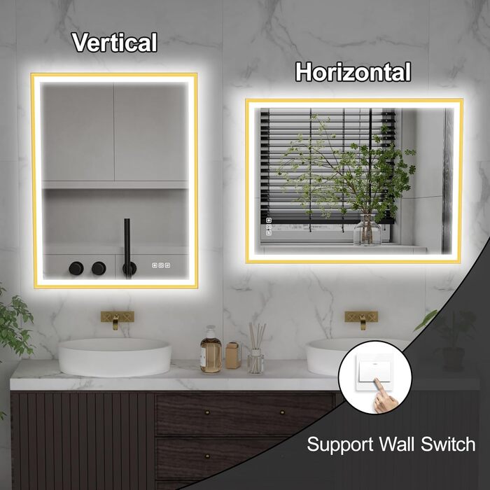 Круглий LED дзеркало для ванної кімнати Furduzz з підсвічуванням, 700 мм, настінний, сенсорний вимикач, регулювання яскравості, 3 кольори, проти запотівання, інтелектуальна пам'ять (модель 2, золота рамка, 70 x 50 см)