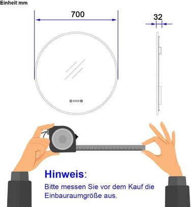 LED дзеркало для ванної кімнати EMKE, діаметр 80 см, кругле, з підсвічуванням, сенсорне управління, проти запотівання, годинник, температура, регулювання яскравості, пам'ять, нейтральне світло, темно-зелений каркас (70x70 см)