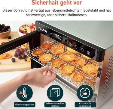 COSORI Дегідратор продуктів з 50 рецептами, 6 піддонів, 3 сітки, 3 килимки, площа 0,6 м², таймер 48 год, LED-дисплей (35°-75°C), 650W, сірий