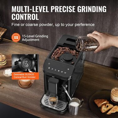 Автоматична кавомашина VEVOR CM9002EA-GS з вбудованою кавомолкою, 15 ступенів помолу, 1,5 л резервуар для води, 180 г контейнер для кавових зерен