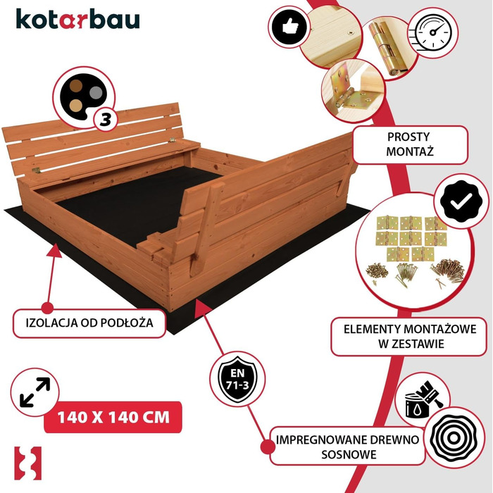 Пісочниця KOTARBAU® з кришкою, 120x120 см, з лавками, дерево, оброблена, пісочниця з кришкою