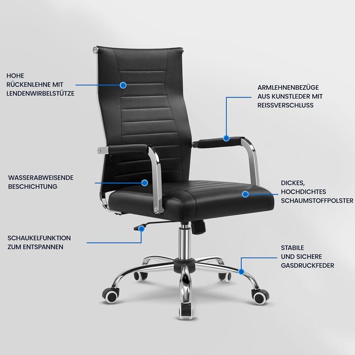 Офісний крісло Yaheetech з підлокітниками, ергономічний, для офісу, комп'ютерний, для начальника, висока спинка, функція гойдання, до 136 кг, білий (чорний)