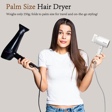 Компактний іонізуючий фен для волосся 2000W, складаний дорожній фен з дифузором та стилізуючою насадкою, швидке сушіння, білий