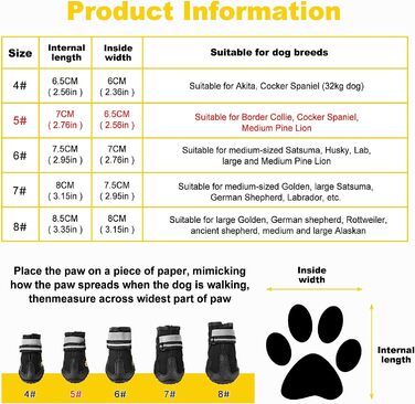 Взуття для собак Faankiton з 4 предметів захист лап, водонепроникне взуття для собак з нековзною підошвою і світловідбиваючим ремінцем для собак середнього і великого розміру (5 (Д * Ш) 7,0 см (2,76 дюйма)*6,5 см (2,56 дюйма))