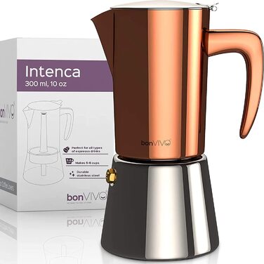 Підходить для приготування еспресо bonVIVO Intenca Індукційна кавоварка-кавоварка з нержавіючої сталі з матовим покриттям, чайник, ситечко - мокко, 6 чашок, 300 мл (мідь, 6 чашок-300 мл)