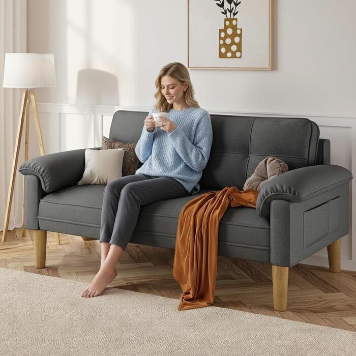 Диван Xbro 2-місний, компактний диван з підлокітниками та бічною кишенею, сучасний диван з тканини для вітальні, квартири, офісу, проста збірка, 144 x 77 x 77 см, темно-сірий