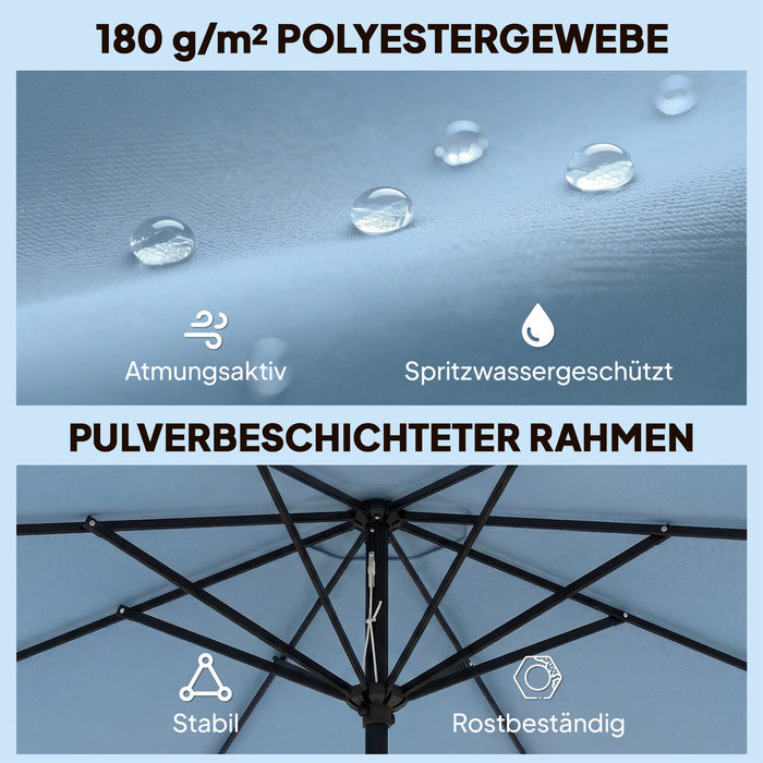 Сонячний парасолька кругла, для балкона та пляжу, з регулюванням кута нахилу за допомогою ручки, 8 спиць, Ø265 x 235H см, небесно-блакитний