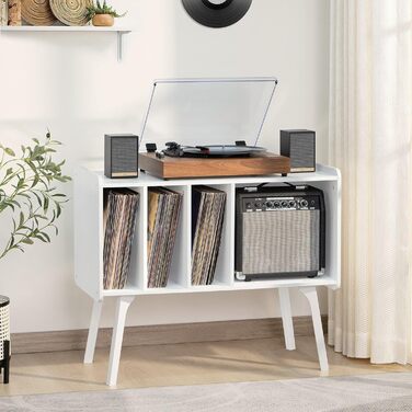 Підставка для програвача LELELINKY з 4 полицями для 220 альбомів, міцна дерев'яна конструкція, стіл Mid-Century, біла полиця для зберігання вінілу