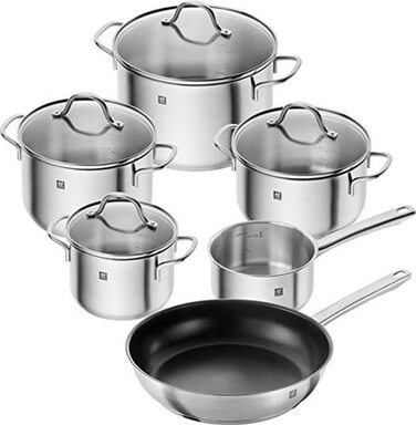Набір каструль ZWILLING Quadro 5-ти частинний, нержавіюча сталь, без покриття, 4 скляні кришки, підходить для індукційних плит