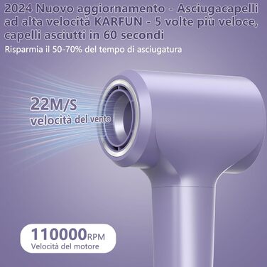 Фен KARFUN Onen, фен для волосся з 200 мільйонами негативних іонів і розумний термостат для догляду за волоссям, фен з безщітковим двигуном 110 000 об/хв, швидша сушка волосся в 5 разів, дорожній фен для волосся 57 дБ (світло-фіолетовий)