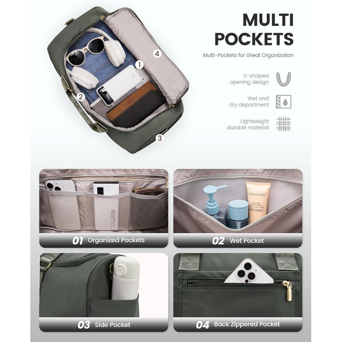 Спортивна сумка LOVEVOOK для жінок: дорожня сумка, weekender, з косметичкою, відділенням для взуття та мокрих речей, водонепроникна пляжна/басейнова/сауна сумка, ручна поклажа для подорожей, зелена