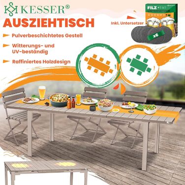 Розсувний садовий стіл KESSER® 180/240x90 см, на 8 осіб, з металевим каркасом та стільницею з HDPE, вологостійкий, UV-стійкий, з 6 підставками