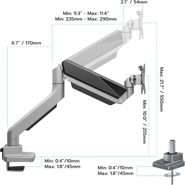 Кріплення для монітора ARES WING, 17'-45', регульована висота, максимальне навантаження 18 кг, VESA 75/100 мм, сірий