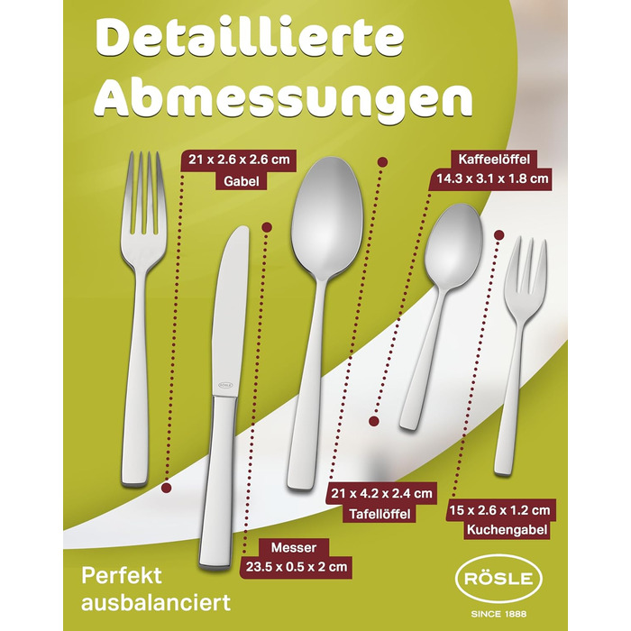Набір столових приборів RöSLE ELEGANCE на 12 осіб (60 предметів) – високоглянцевий нержавіючий сталь 18/10, преміум якість, придатний для миття в посудомийній машині, в подарунковій коробці