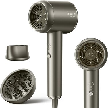 Іонний фен для волосся DEWILY 1800W з дифузором для кучерявого волосся, 3 температурні режими, 2 швидкості, компактний дорожній фен (матовий сірий)