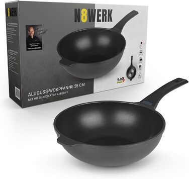 Чавунна сковорода для вок N8WERK у версії Midnight Edition 28 см / індикатор температури-індикатор температури, що змінює колір, з 3-кратним інтервалом-Ultimate B